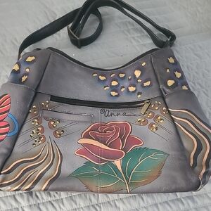 Anna Gray Floral and Gold Accent Shoulder Bag